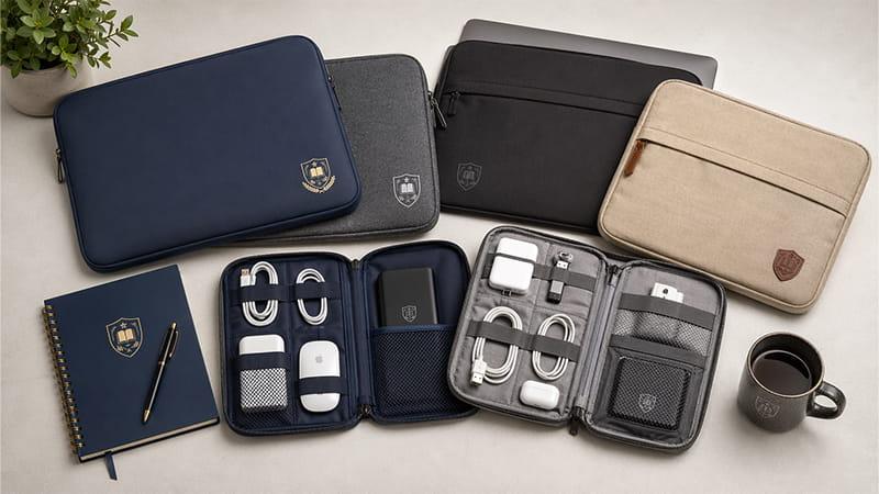 Neoprene and canvas laptop sleeves with tech organizers, designed to protect devices and keep cables neatly stored, perfect for business, engineering, and graduate students.
