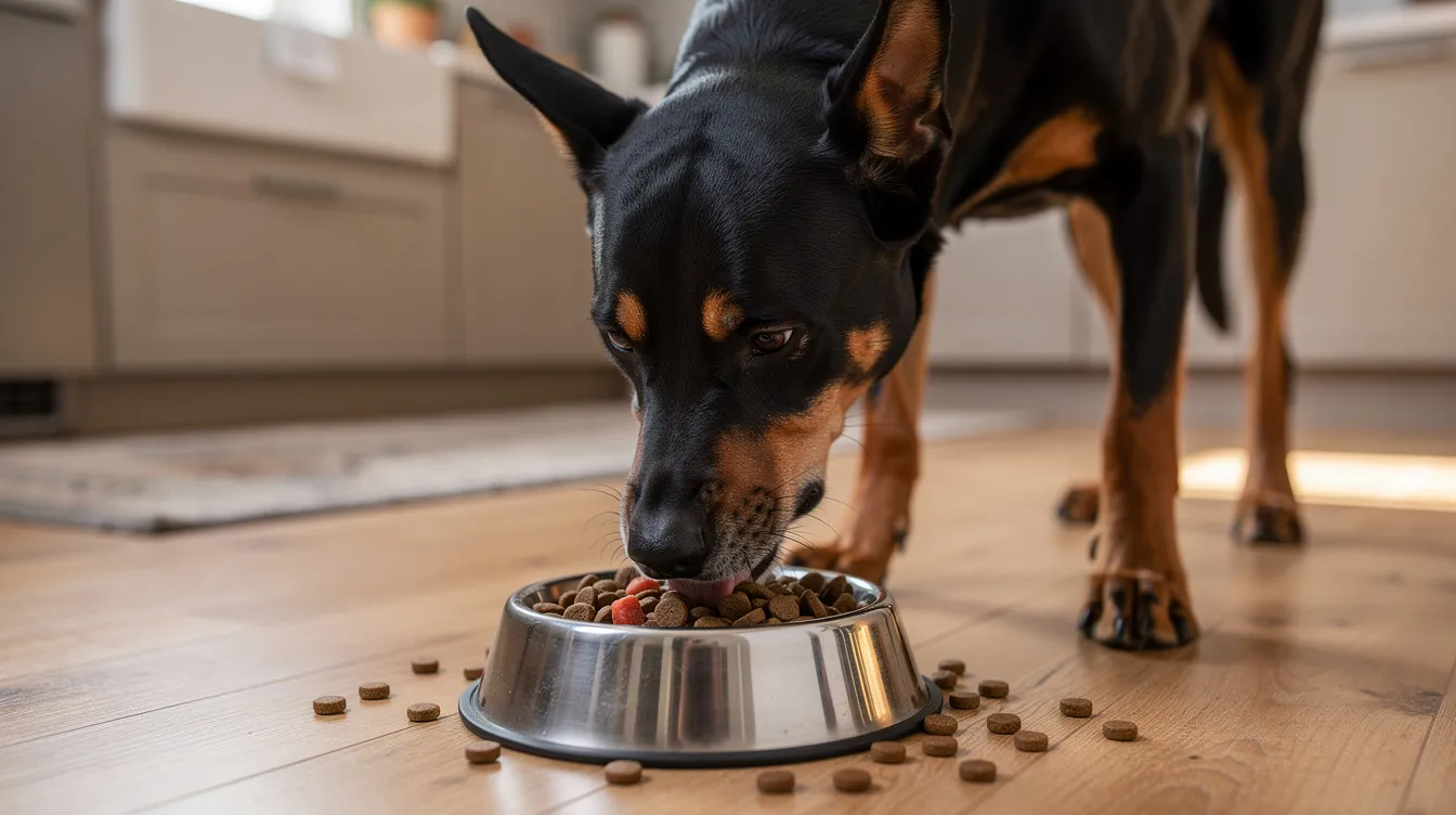A Beauceron dog, known for its intelligence and loyalty, is happily eating high-quality kibble from a stainless steel dog bowl. The dog features a striking black and tan coat, characteristic of the Beauceron breed, and is positioned in a cozy home setting.