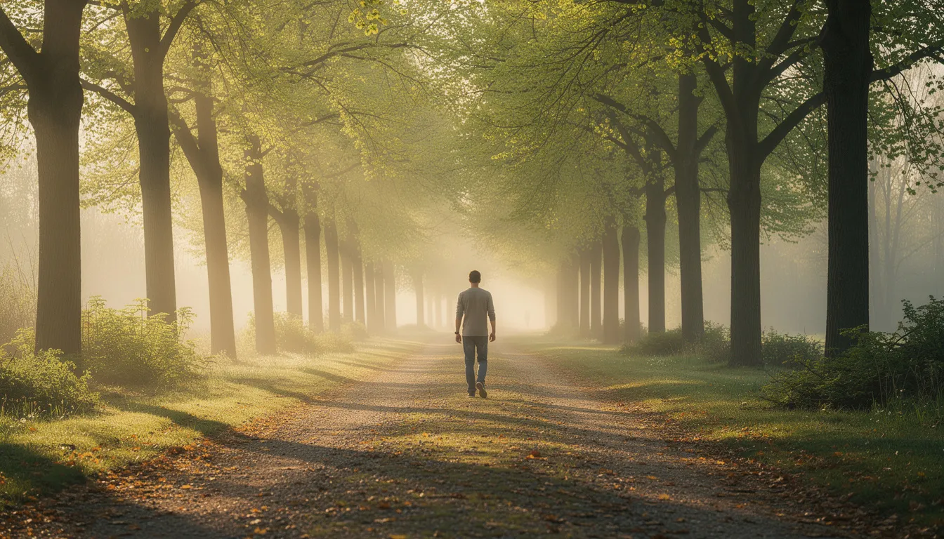 A person is walking along a serene, tree-lined path bathed in morning sunlight, embodying a moment of tranquility that promotes physical activity and healthy living. Engaging in such outdoor exercise can contribute to managing blood sugar levels and maintaining a balanced diet for overall health.