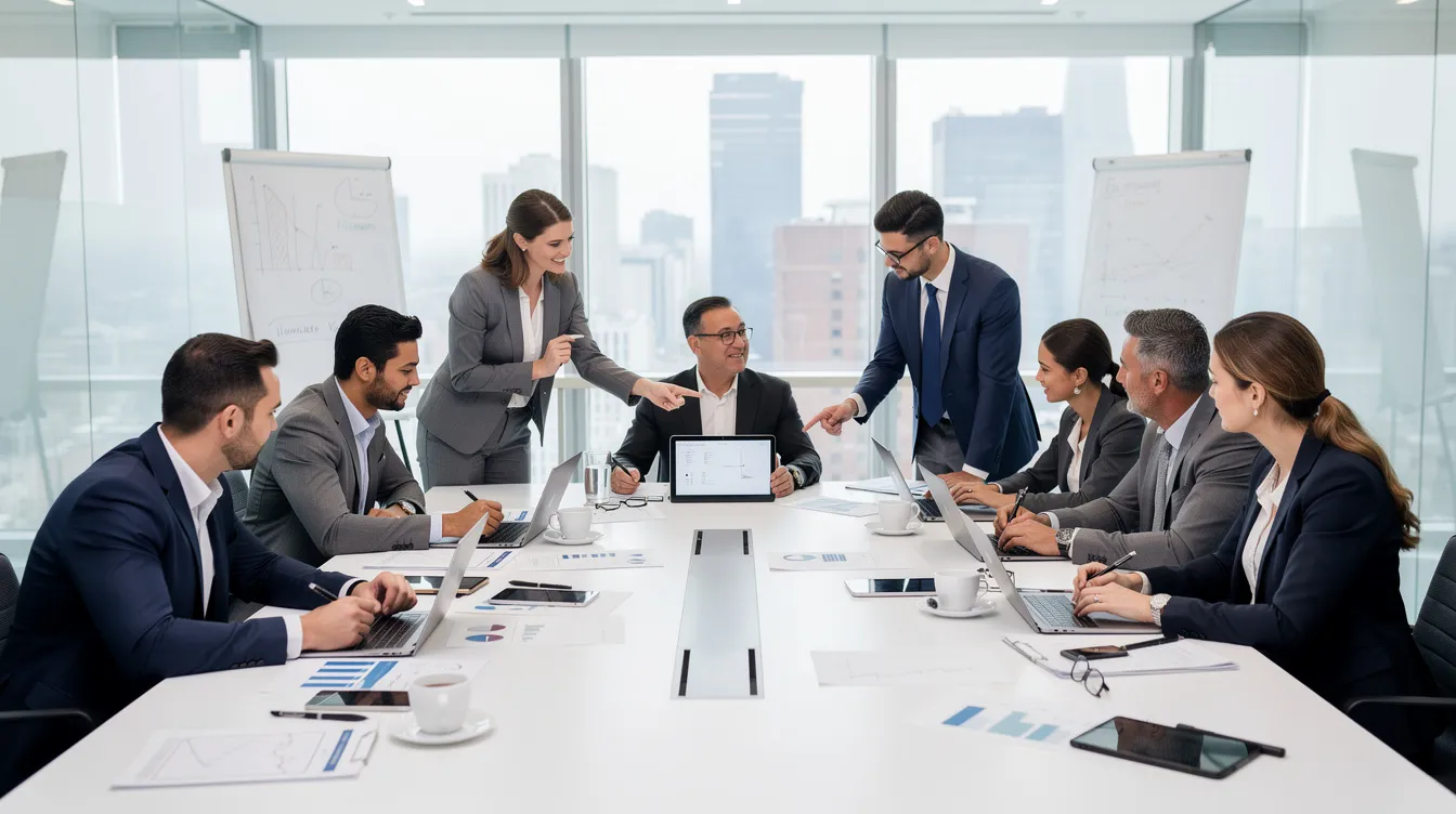 L'image montre une équipe diversifiée de professionnels travaillant ensemble autour d'une grande table de réunion, entourée de documents et d'ordinateurs portables. Chaque membre, avec ses compétences et personnalités uniques, contribue à la collaboration et à la prise de décision au sein de l'équipe.