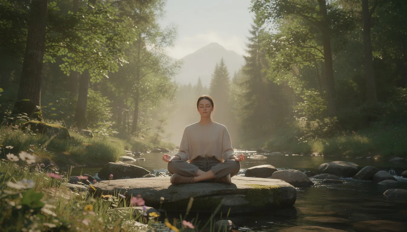 A person sits in peaceful meditation surrounded by the beauty of nature, embodying a deep sense of spiritual growth and heightened awareness. This serene moment reflects the individual's journey towards personal growth and connection with the ultimate reality.