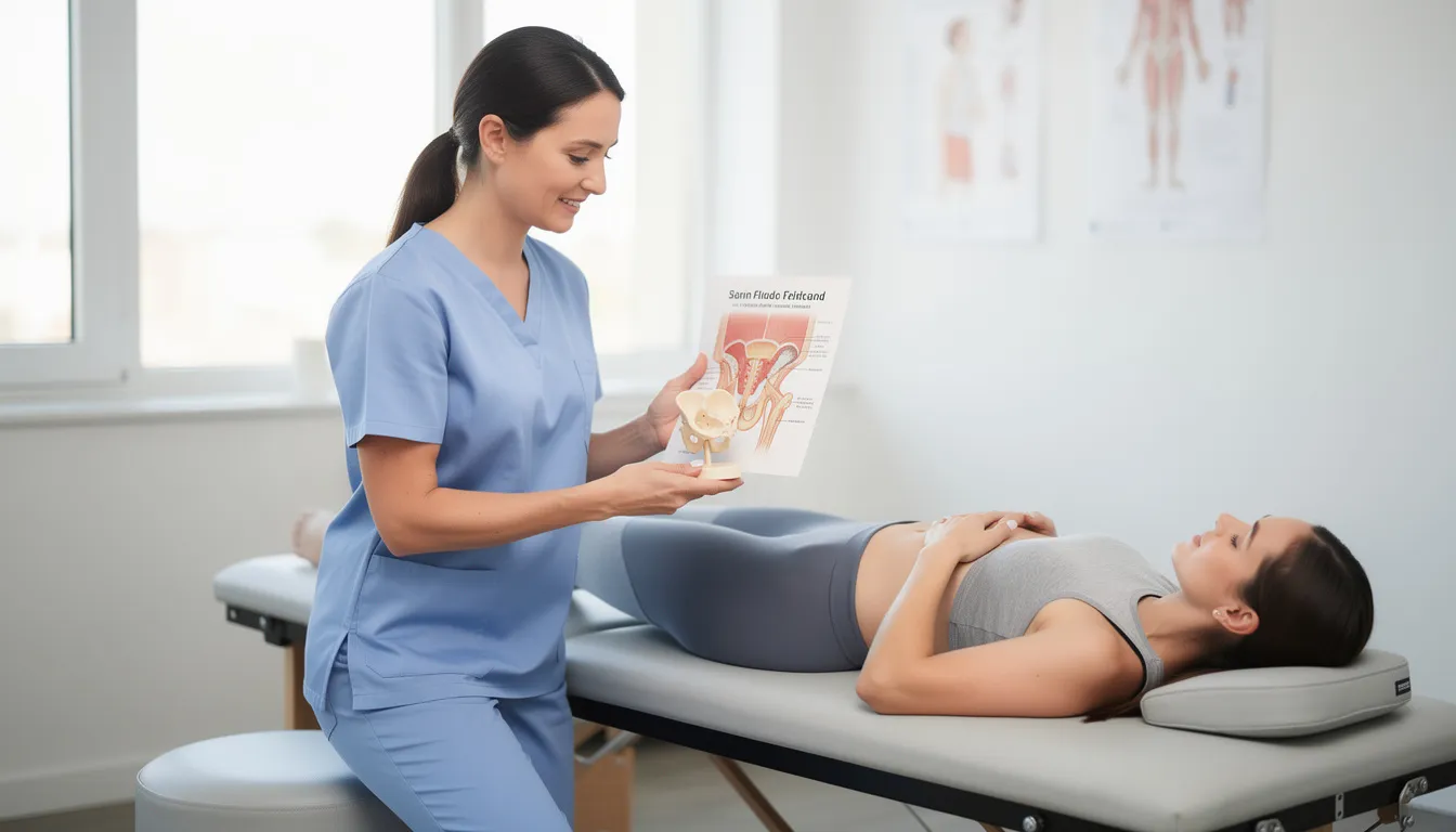 A physical therapist is demonstrating pelvic floor exercises to a patient, focusing on strengthening the pelvic muscles to help manage conditions such as pelvic organ prolapse and stress urinary incontinence. The session emphasizes the importance of proper technique to prevent complications related to surgical mesh and improve overall pelvic health.