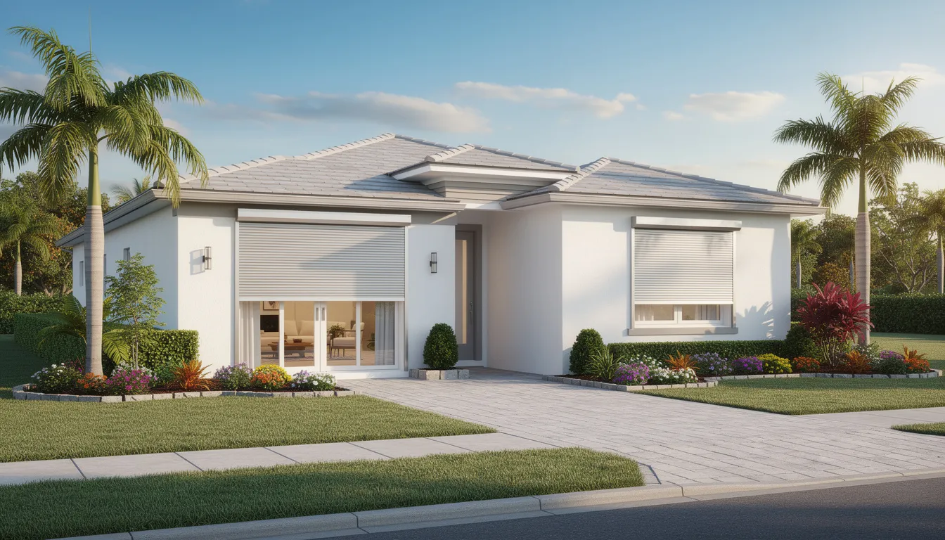 A modern Florida home featuring sturdy hurricane shutters and meticulously maintained landscaping, ideal for real estate investors looking for rental property opportunities in Florida's booming real estate market. The vibrant exterior reflects the sunny charm of the Sunshine State, making it an attractive option for both long-term and short-term rentals.