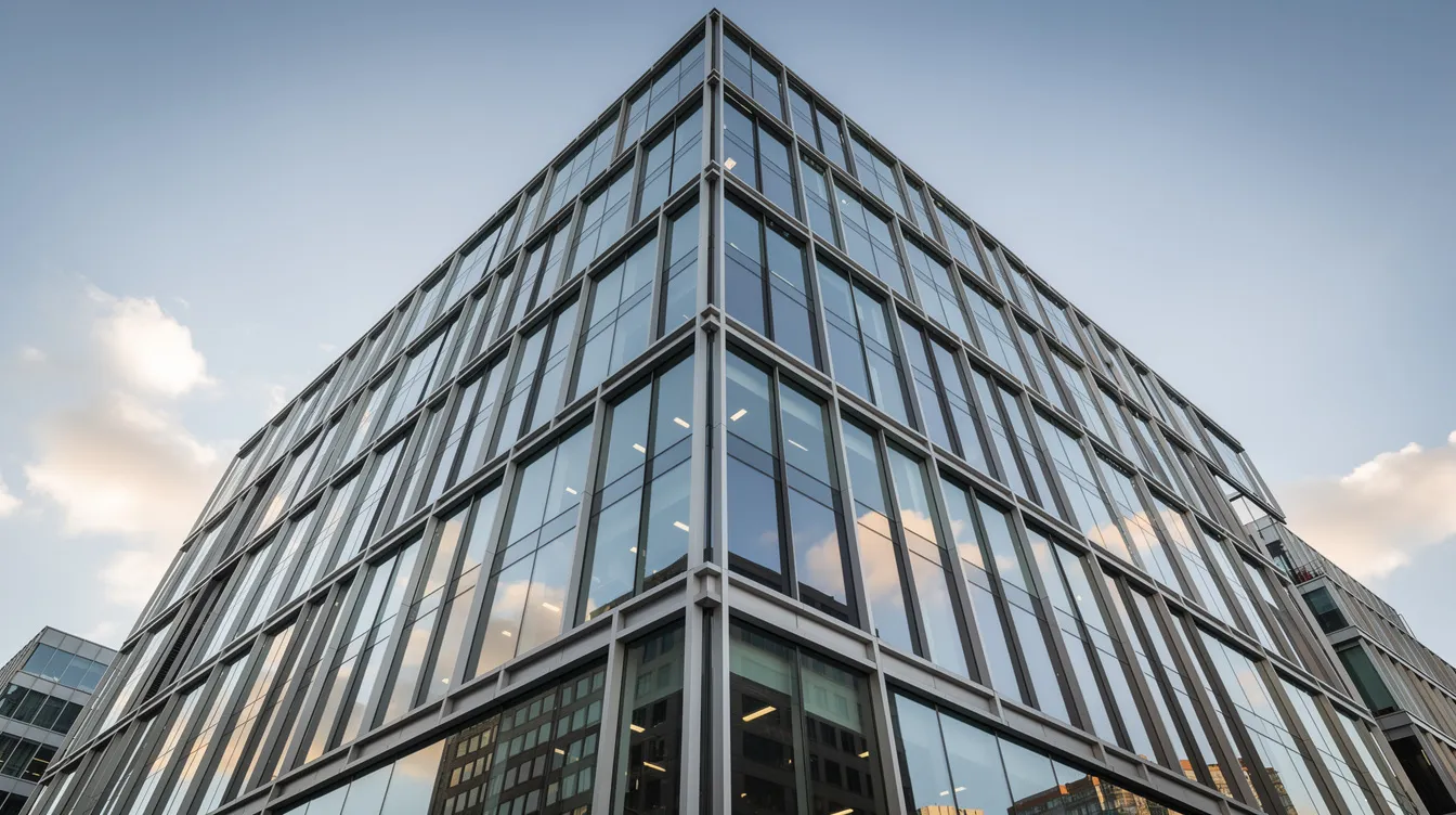 The image depicts a completed large modern commercial building with a striking glass facade, captured from a low dramatic angle that emphasizes its height and contemporary design. This architectural marvel represents the culmination of effective project management and innovative engineering solutions, showcasing the firm’s capabilities in winning larger commercial projects.