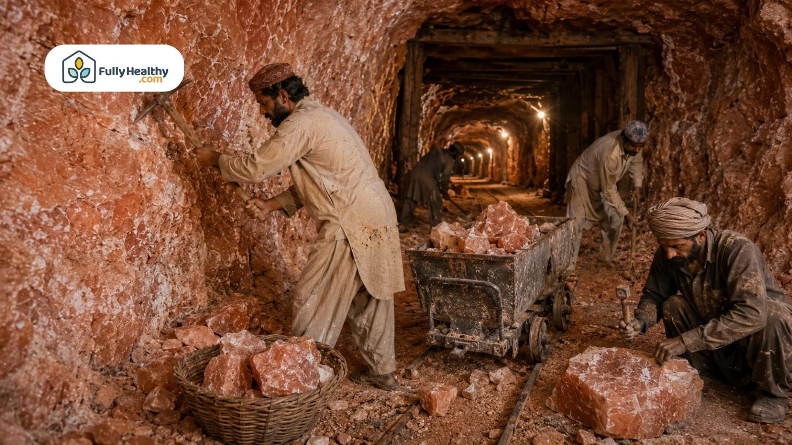 Pakistani miners extracting pink salt rocks inside a warm-lit underground salt mine