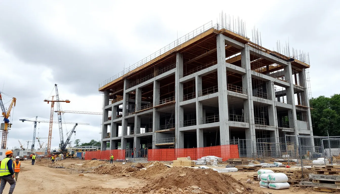 A bustling construction site is depicted, showcasing a large building project in progress with cranes, scaffolding, and workers collaborating to develop the structure. This dynamic environment highlights the teamwork and planning necessary to achieve successful architectural outcomes and reflects the future of business and technology in construction.