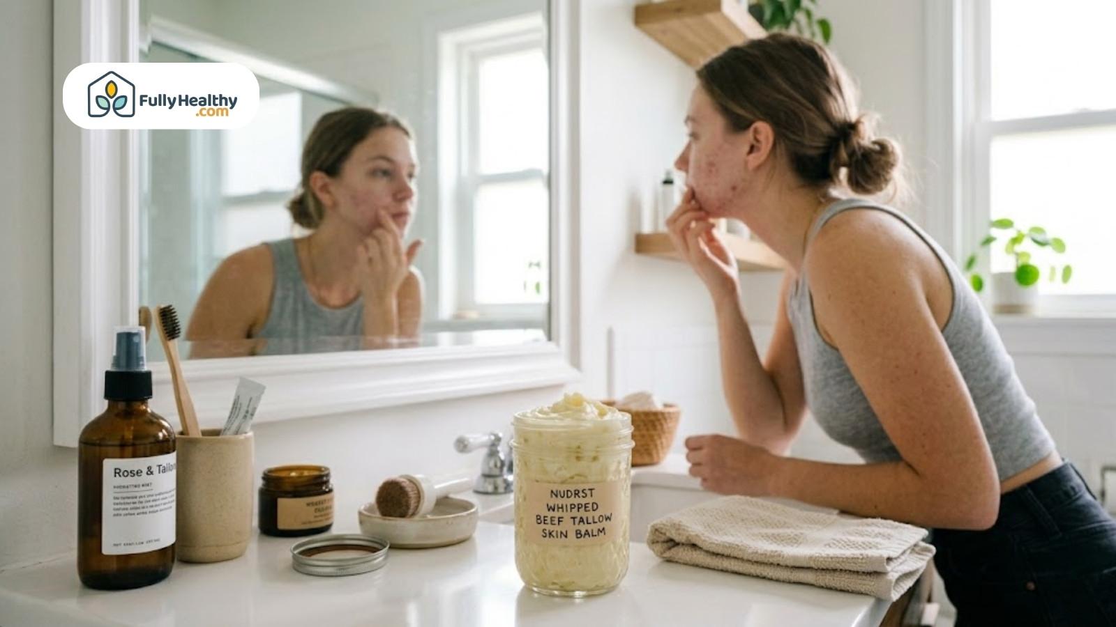 Woman applying beef tallow balm while examining acne in bathroom mirror