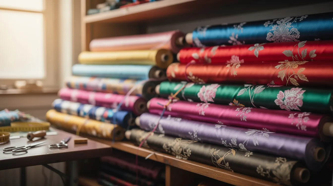 The image shows a vibrant assortment of silk fabric rolls neatly stacked in a textile workshop, showcasing the rich colors and textures that reflect the state's cultural heritage. This scene highlights the potential for small business ideas in the textile industry, offering diverse and profitable opportunities for entrepreneurs in Bihar.