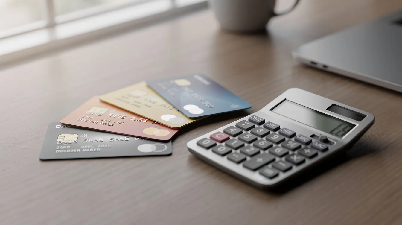 The image shows a desk with various credit cards and a calculator, symbolizing financial management and credit assessment. This setup reflects the importance of monitoring one's credit rating and understanding credit reports for personal finance decisions.