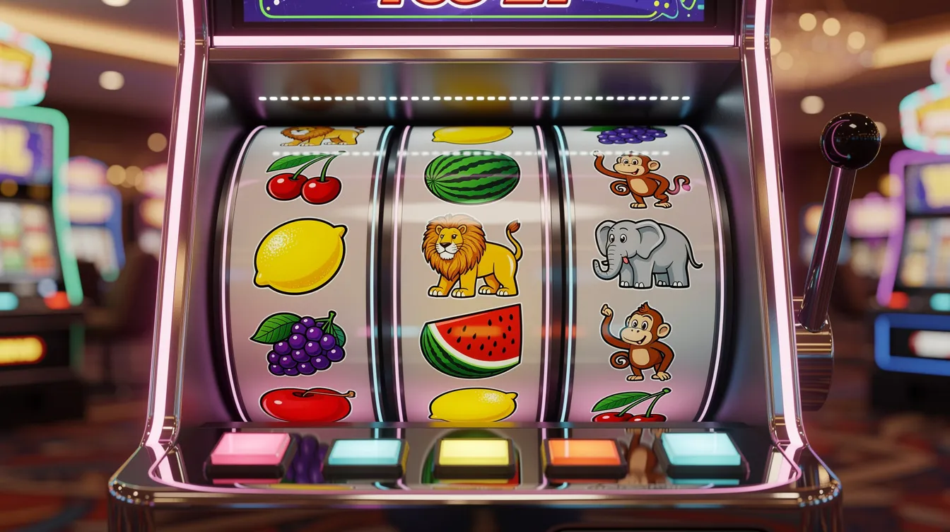 The image features a vibrant slot machine with colorful reels displaying various fruit and animal symbols, set in an exciting casino atmosphere. This scene captures the thrill of spina zonke games, inviting players to explore the fun and potential for frequent wins in the world of slot games.