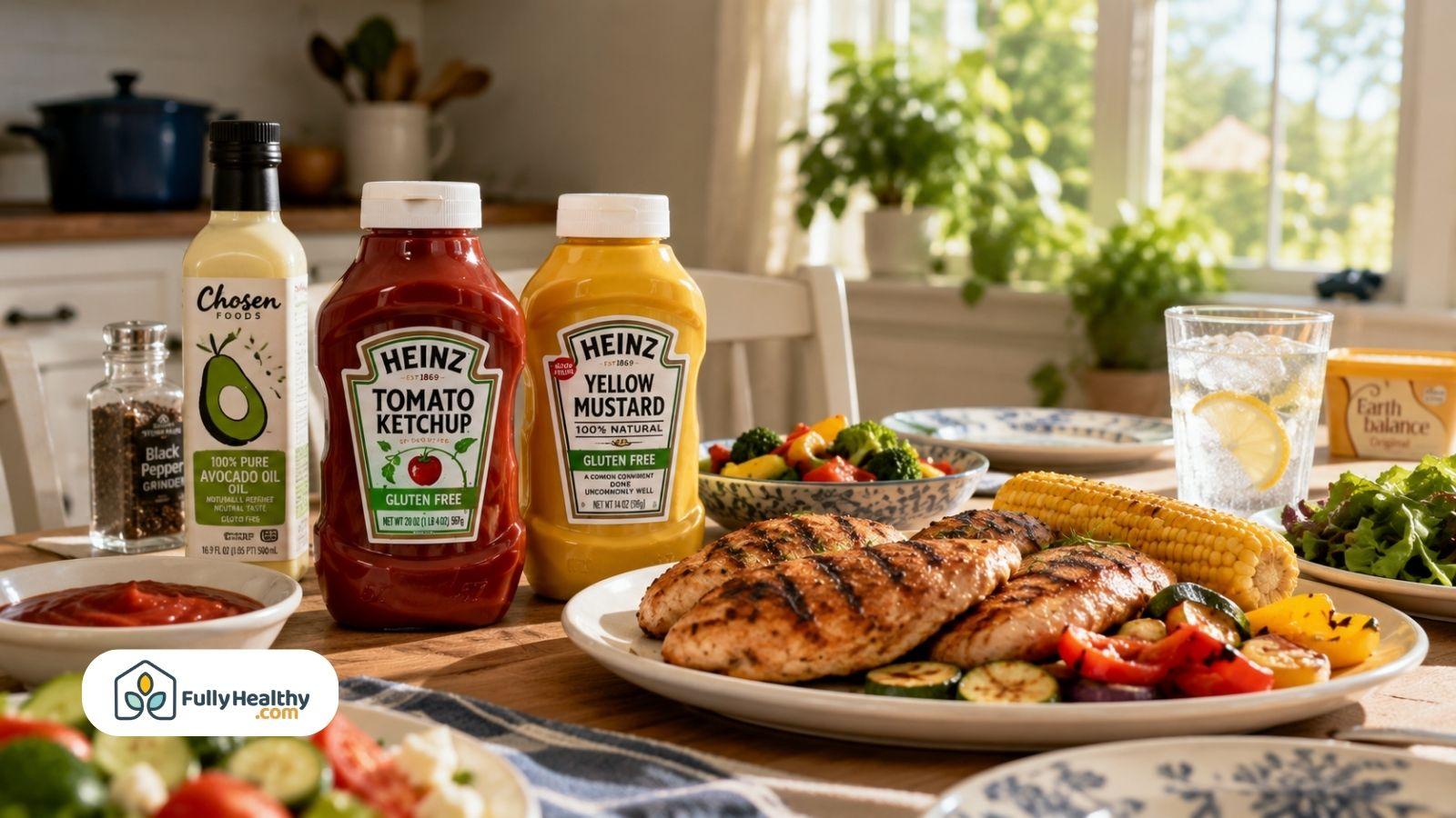 Gluten-free ketchup and mustard beside grilled chicken and vegetables on table