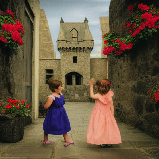 A younger girl greeting a friend in a castle courtyard, much like 6 of cups where childhood friends greet each other