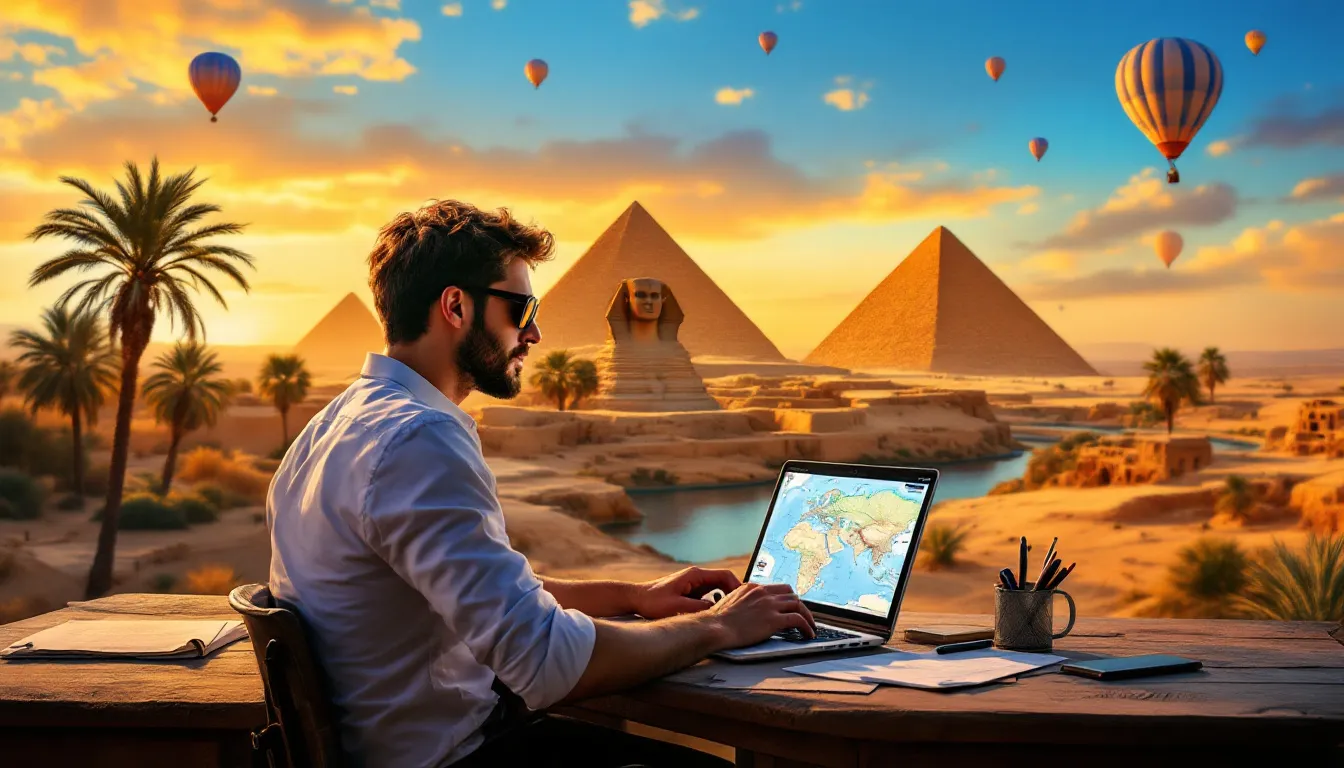 A traveler searching for cheap flights to Egypt on a laptop.