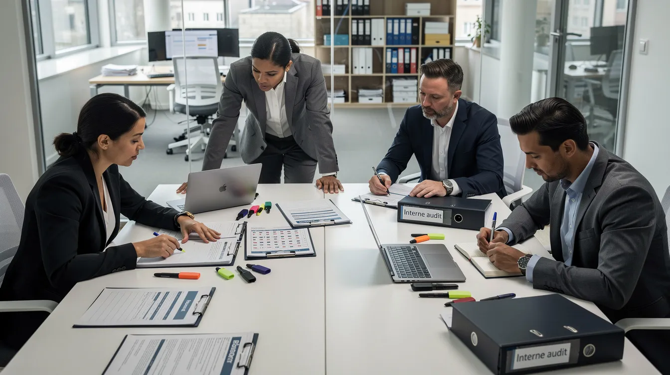 Een team van professionals, waaronder een compliance officer en een compliance manager, bekijkt documenten tijdens een interne audit in een kantooromgeving. Deze audit is gericht op het waarborgen van de naleving van interne regelgeving en wettelijke verplichtingen binnen de financiële sector.