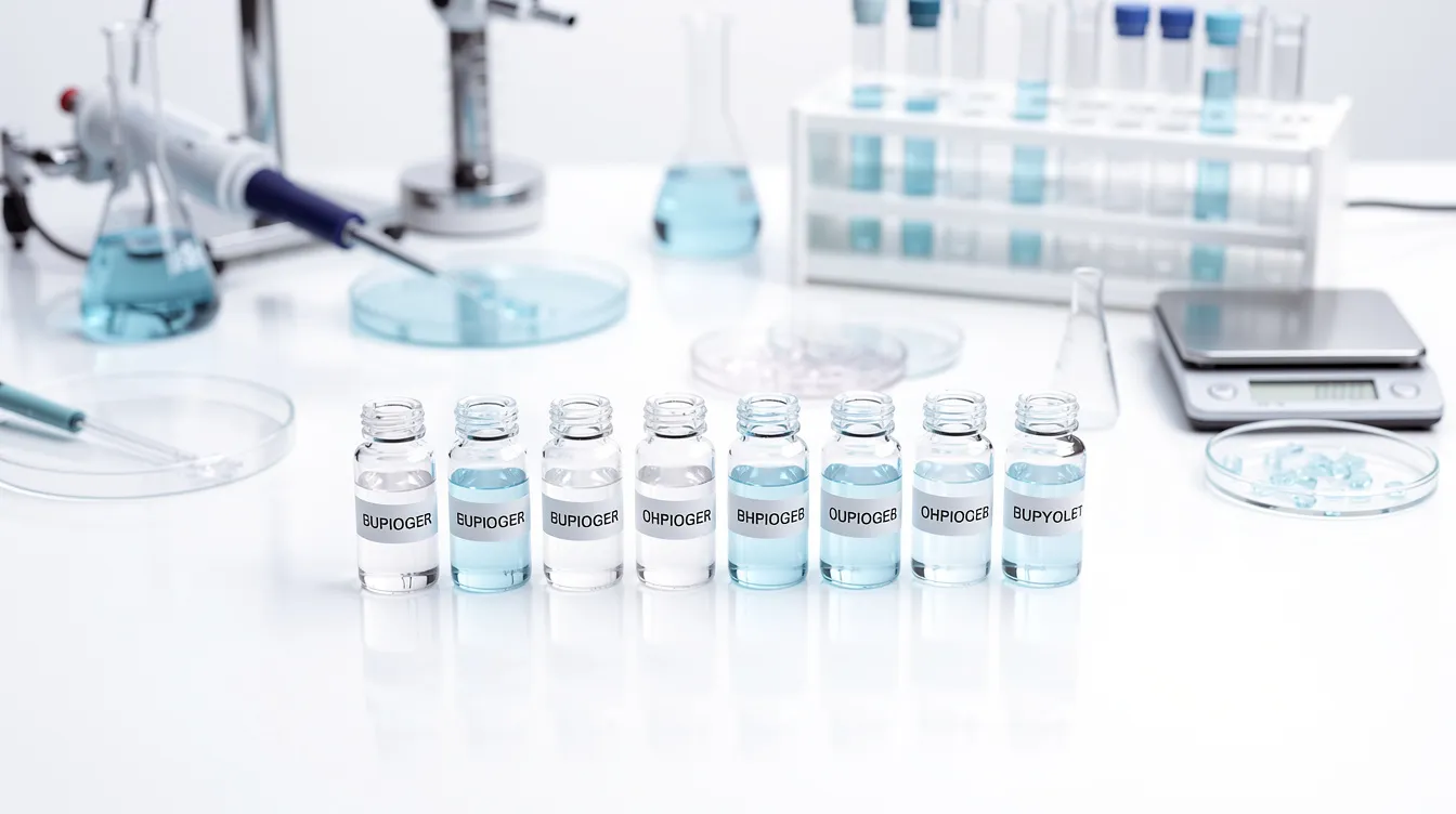 The image depicts a clean white laboratory surface filled with various scientific instruments and glass vials, commonly used for testing hemp-derived products, including delta 8 THC and other cannabinoids from the cannabis sativa plant. This setup highlights the meticulous nature of hemp cultivation and the analysis of hemp-derived compounds in a controlled environment.
