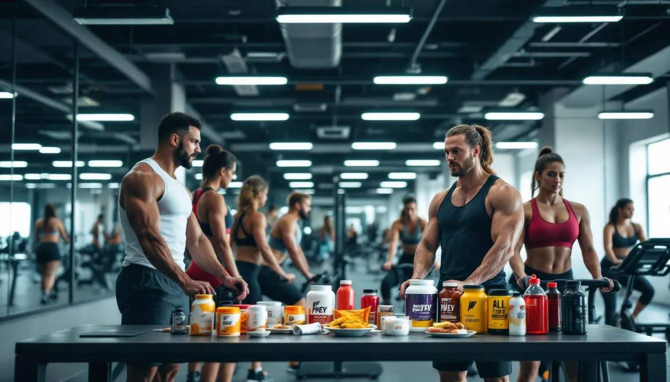 In a gym setting, athletes are actively using various sports nutrition products and supplements, including MCT oil, known for its medium chain fatty acids that may promote weight loss and improve exercise performance. The scene highlights the importance of dietary fats like coconut oil and palm kernel oil in supporting metabolic health and energy expenditure during workouts.
