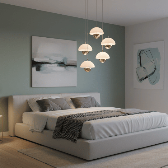 Cluster of white dome pendant lights hanging above the bed in a modern bedroom.