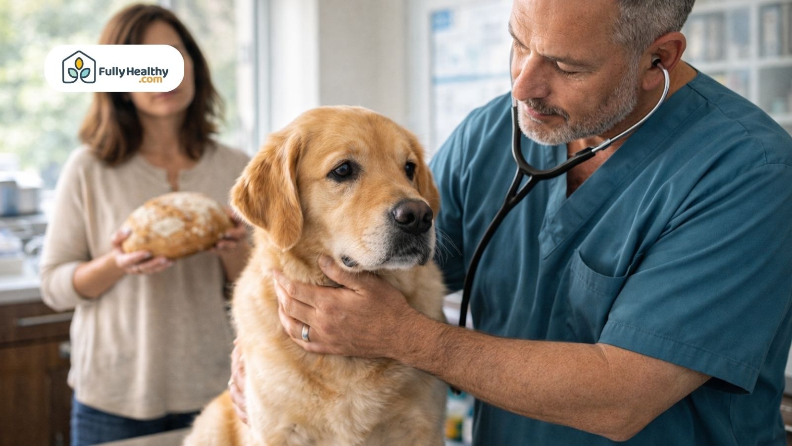 Veterinarian examining golden retriever while owner holds sourdough loaf
