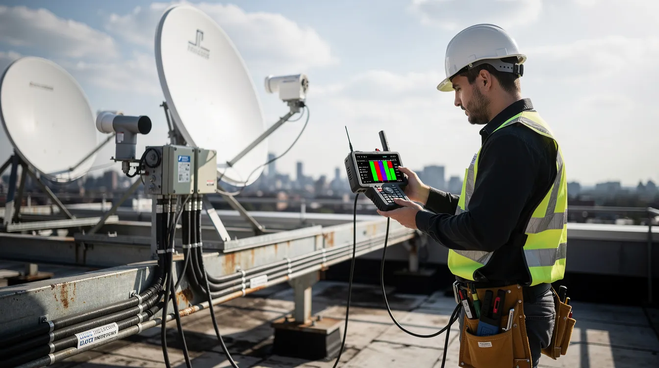 A technician is using a signal meter to assess satellite equipment, ensuring optimal signal reception for a DSTV installation. This professional DSTV installer is focused on aligning the satellite dish for reliable service in Green Point.