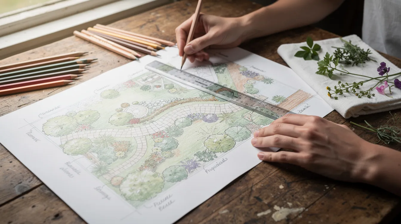 A person is sketching a landscape plan on graph paper, surrounded by colored pencils, a ruler, and plant samples on a wooden table. This scene captures the design process of creating outdoor spaces, showcasing the tools and elements involved in developing a functional landscape for a dream backyard.