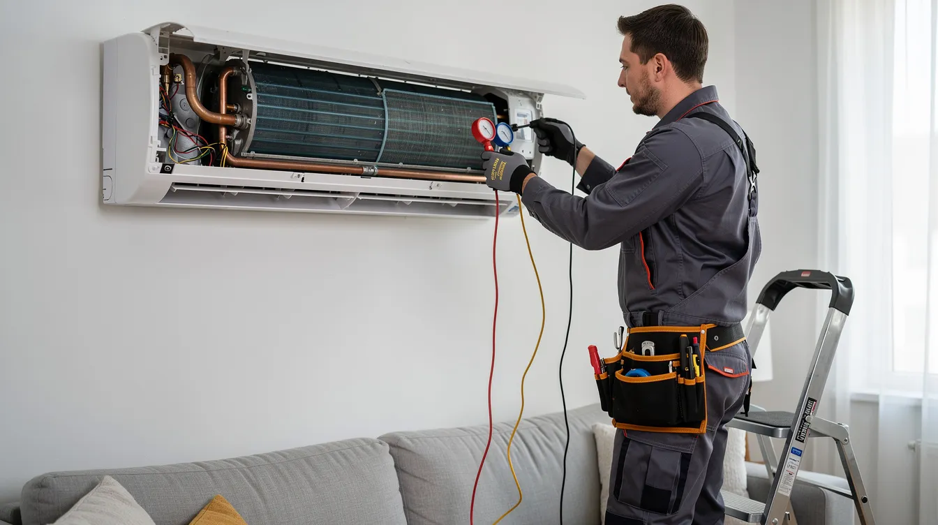 A technician is inspecting and servicing a split air conditioner system, which includes both the indoor and outdoor units. The technician is checking the air flow and cleaning components to ensure optimal performance, while a remote control and tools are visible nearby.