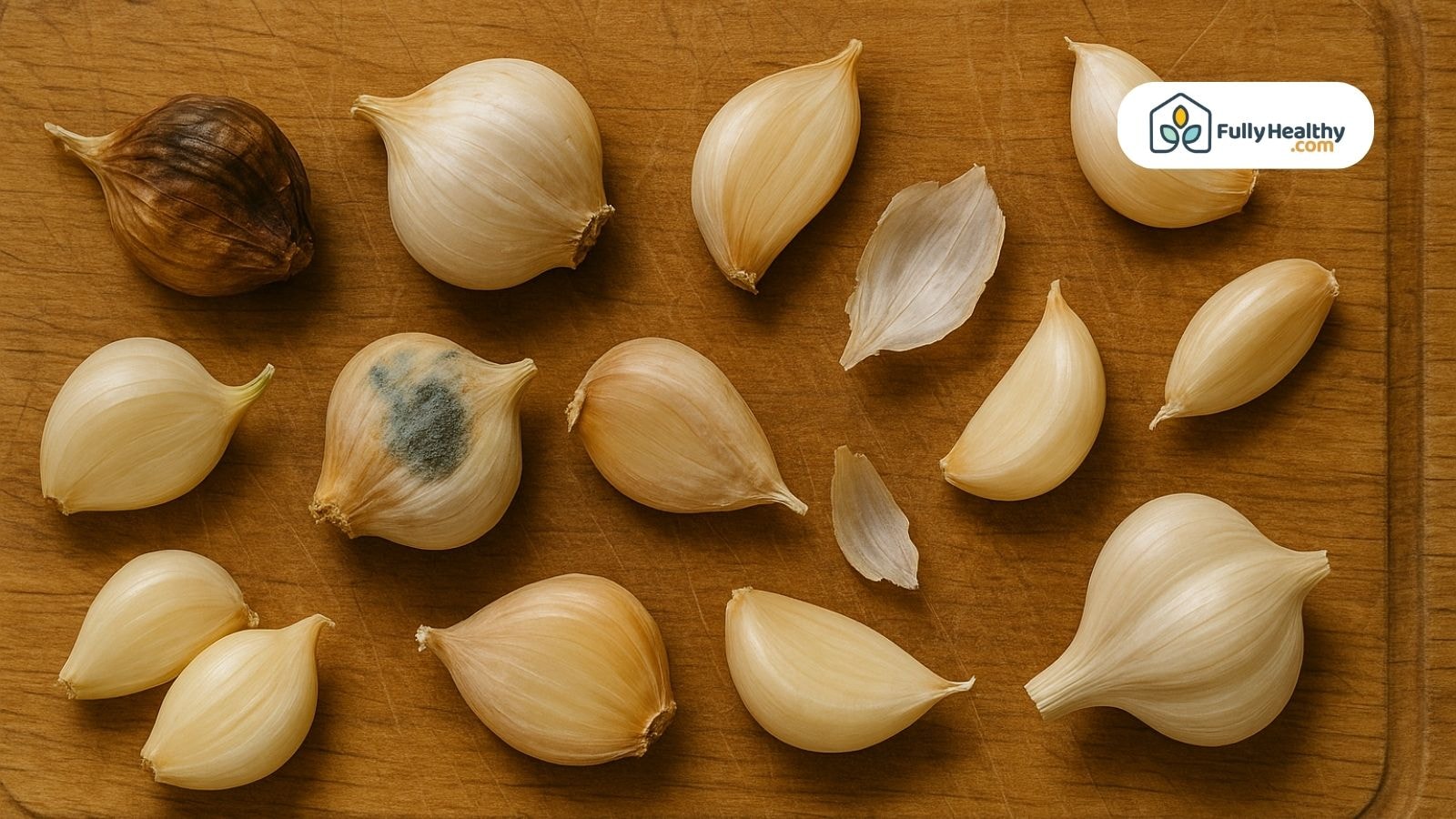 Peeled garlic cloves on a wooden surface, some with mold and soft texture.