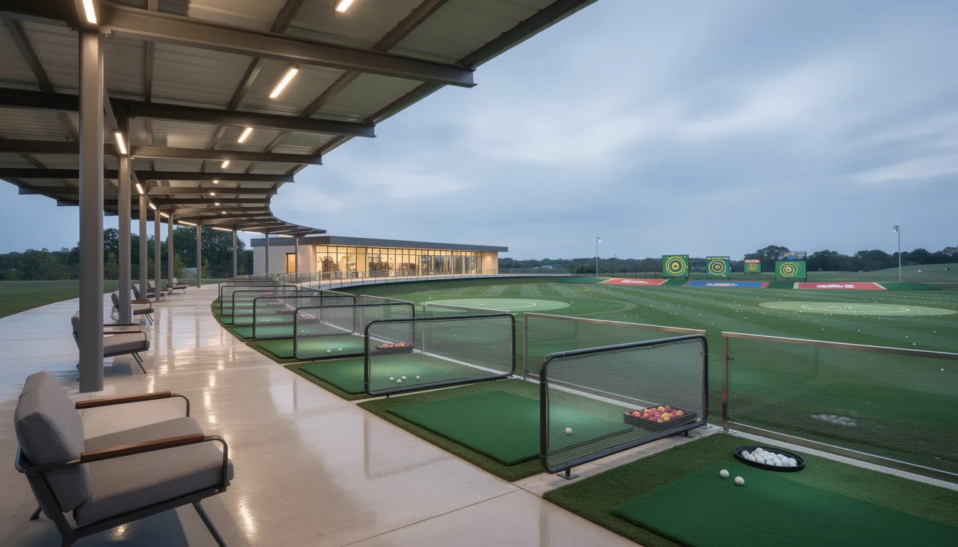 The image depicts a modern driving range featuring covered hitting bays and green turf mats, designed for golfers of all skill levels to practice their swing. This facility offers a comfortable environment with amenities that enhance the golfing experience in Fort Myers, Florida.
