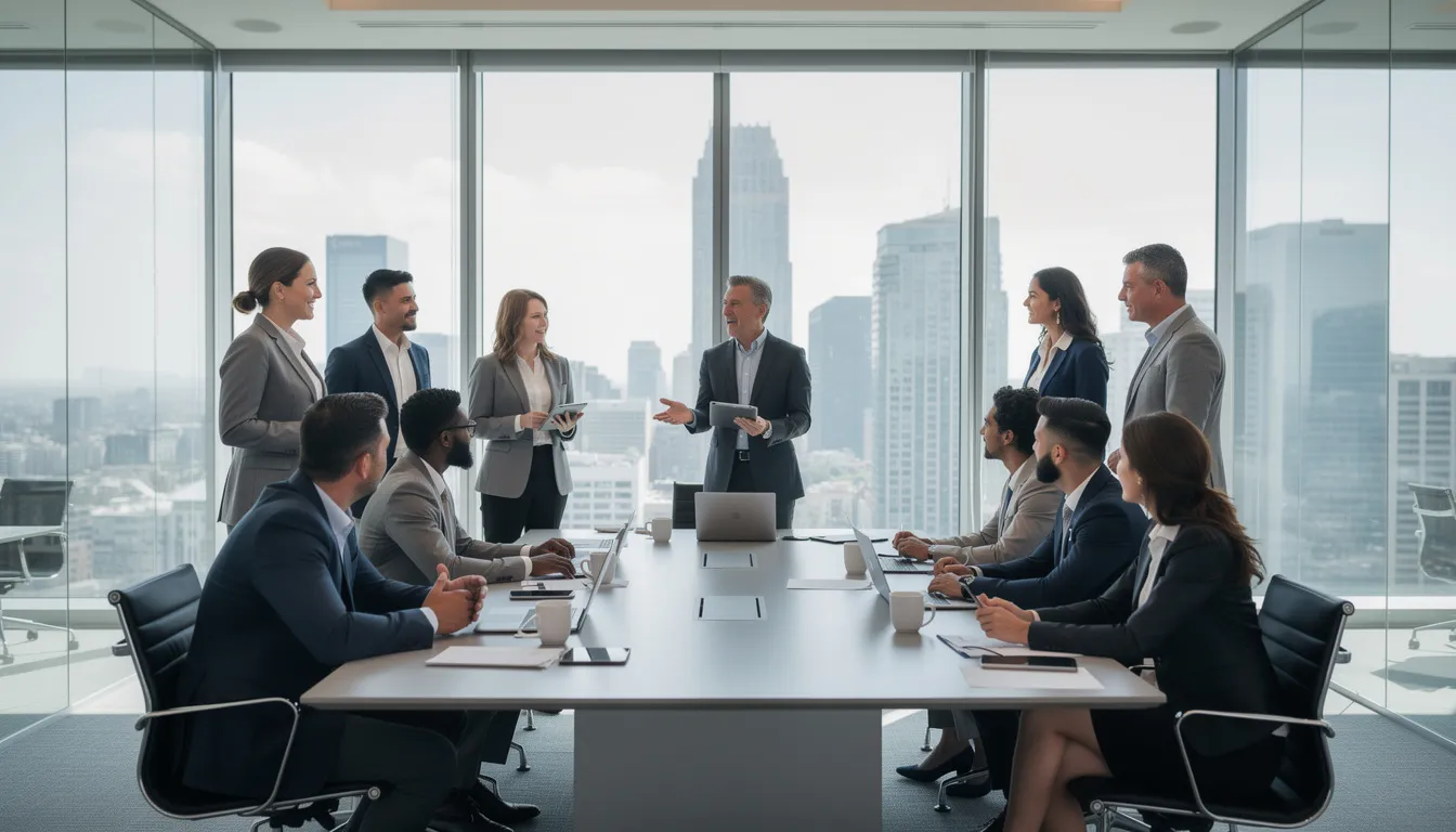 A diverse group of business professionals is engaged in a meeting inside a modern conference room, with a large window revealing a city skyline in the background. They are likely discussing strategies related to business intelligence and data analysis, focusing on actionable insights and performance metrics to enhance business operations.