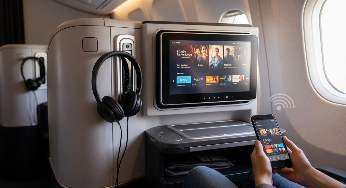 Business class inflight entertainment setup with a large seatback screen, headphones, and onboard Wi-Fi for staying connected during the flight.