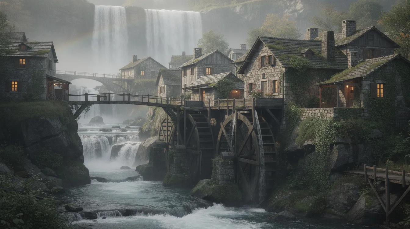 A imagem mostra uma pequena vila de casas de pedra situada sobre quedas d'água e moinhos antigos, em um ambiente natural deslumbrante da região de Rastoke, na Croácia. As cachoeiras e os rios circundantes criam um cenário encantador, atraindo visitantes em busca de turismo e atividades ao ar livre.