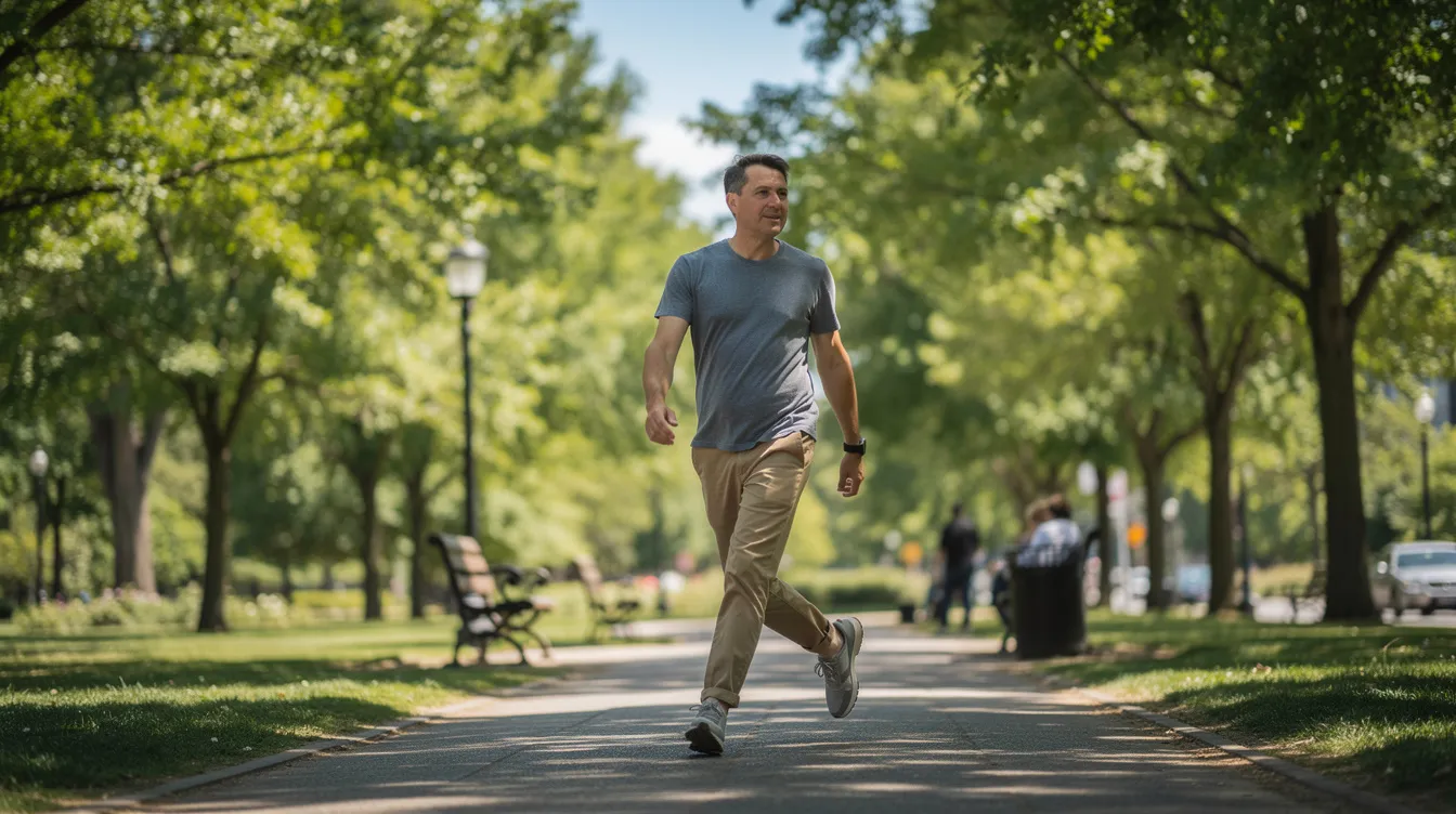 A person is walking briskly through a sunny park, surrounded by lush trees, which highlights the importance of physical activity for maintaining a healthy immune system. Enjoying the outdoors can enhance immunity and contribute to overall well-being.