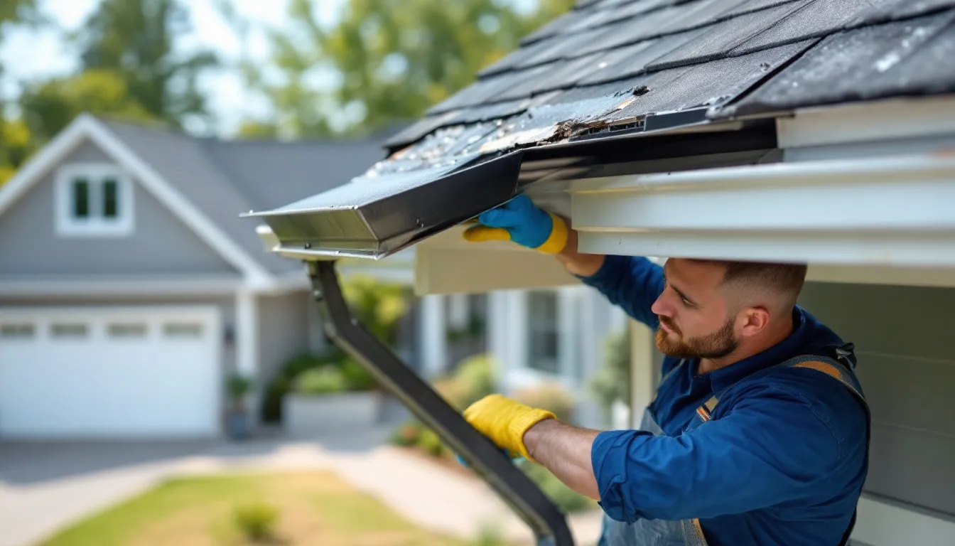 Emergency gutter repair services being performed.