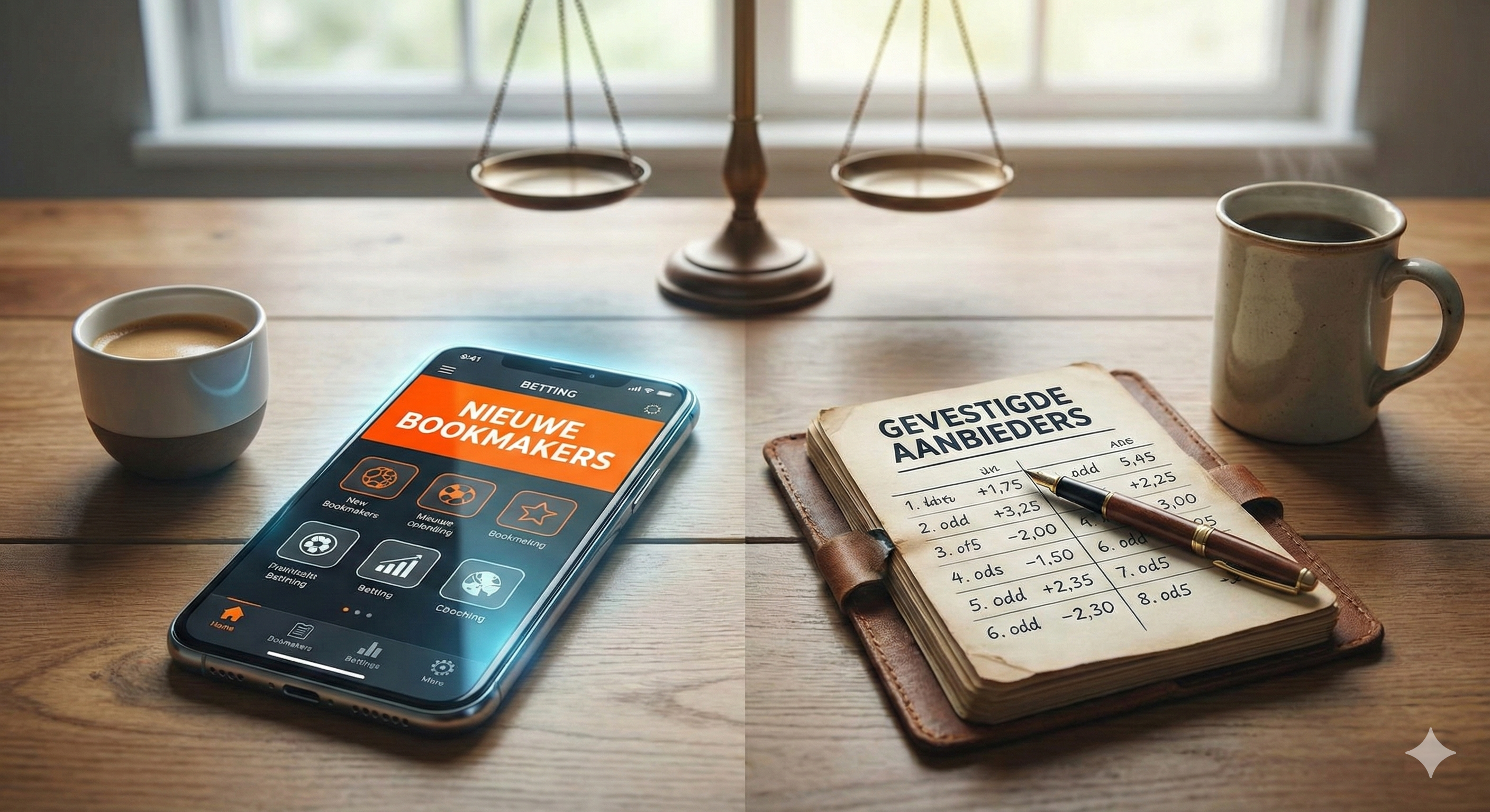 Vergelijking tussen nieuwe bookmakers en gevestigde aanbieders, weergegeven met een smartphone-app en een notitieboek met odds op een bureau, symbool voor keuze en balans op de gokmarkt.
