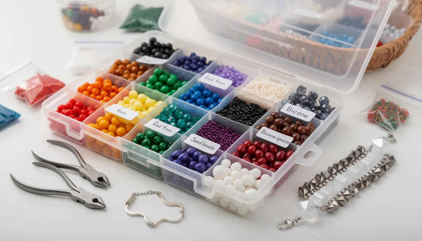The image depicts an organized bead box with various compartments filled with beads sorted by color, size, and shape, including bicone beads used for jewellery making. Labels are visible on each section, making it easy to find the desired supplies quickly.