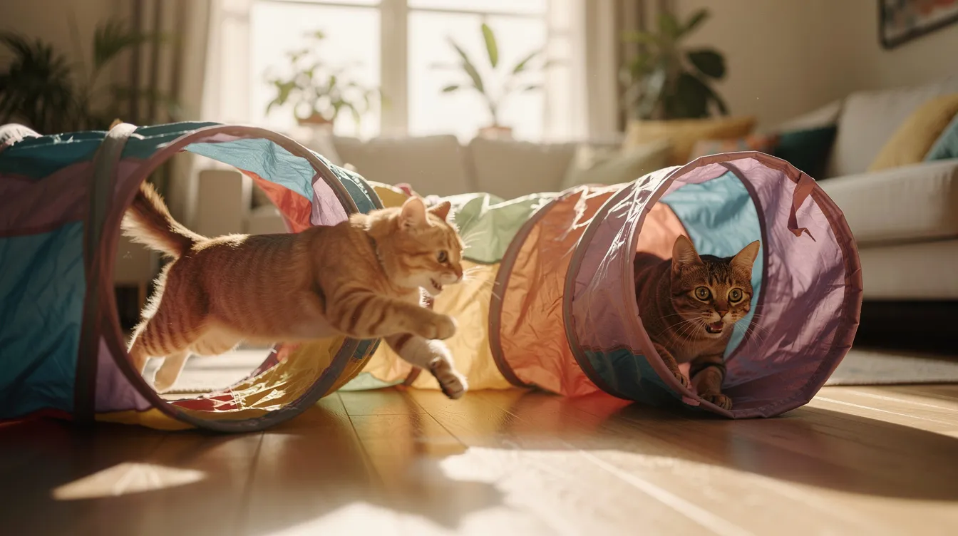 Two indoor cats are playfully chasing each other through a large, soft fabric cat tunnel with multiple entrances, set in a bright living room. The interactive cat toy provides a fun and safe space for them to explore and hide, showcasing their playful nature.