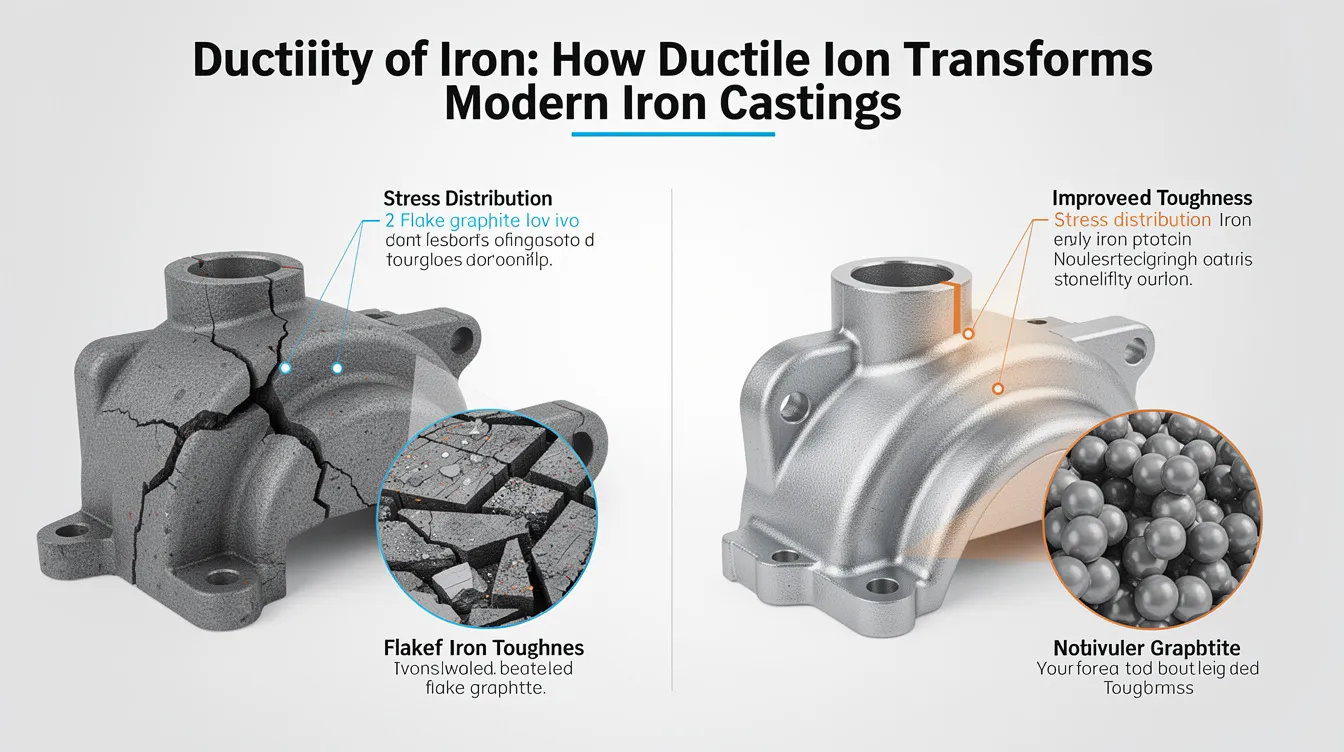 The image illustrates the transformation of ductile iron in modern iron castings, highlighting its unique properties such as excellent wear resistance and tensile strength. It contrasts traditional cast iron with ductile cast iron, showcasing applications in automotive components and industrial uses due to its superior mechanical properties and impact resistance.