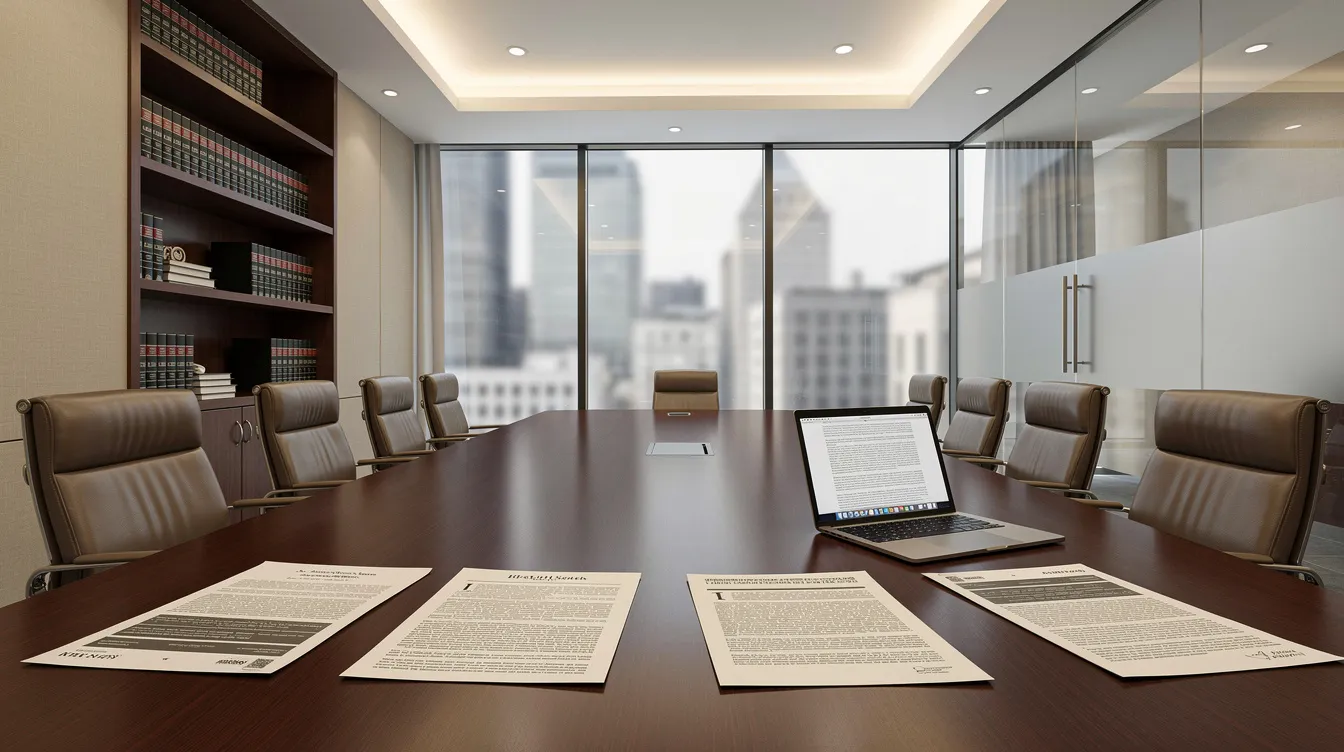 The image depicts the interior of a law office conference room featuring a large table with legal documents and a laptop, suggesting a setting for discussions on truck accident claims and legal representation. This environment is designed for lawyers to strategize on serious injury cases, such as those involving tanker truck accidents and their complex regulations.