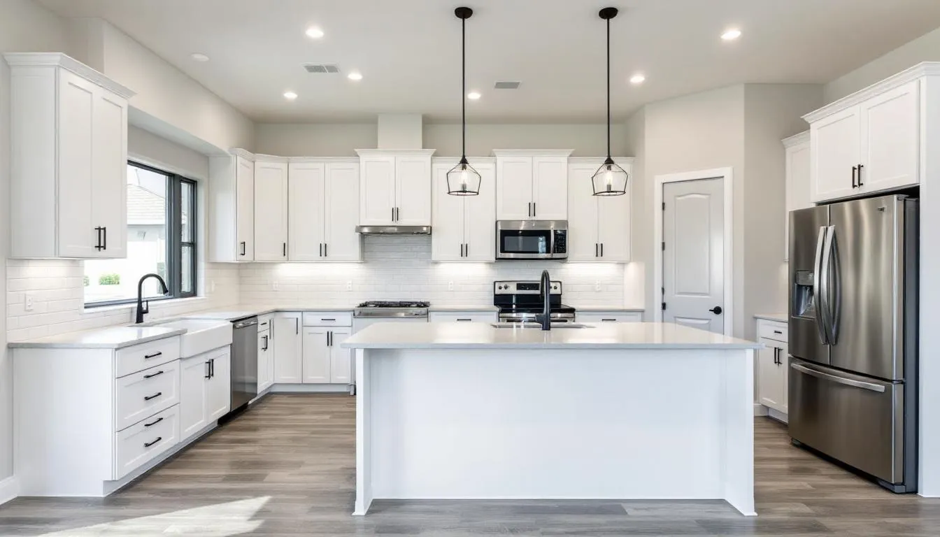 The image depicts a spacious kitchen within a Pulte new construction home, featuring modern stainless steel appliances and elegant quartz countertops. This inviting space showcases an open floor plan that seamlessly connects to the living area, ideal for entertaining in the desirable gated community of Briarwood in Naples, FL.