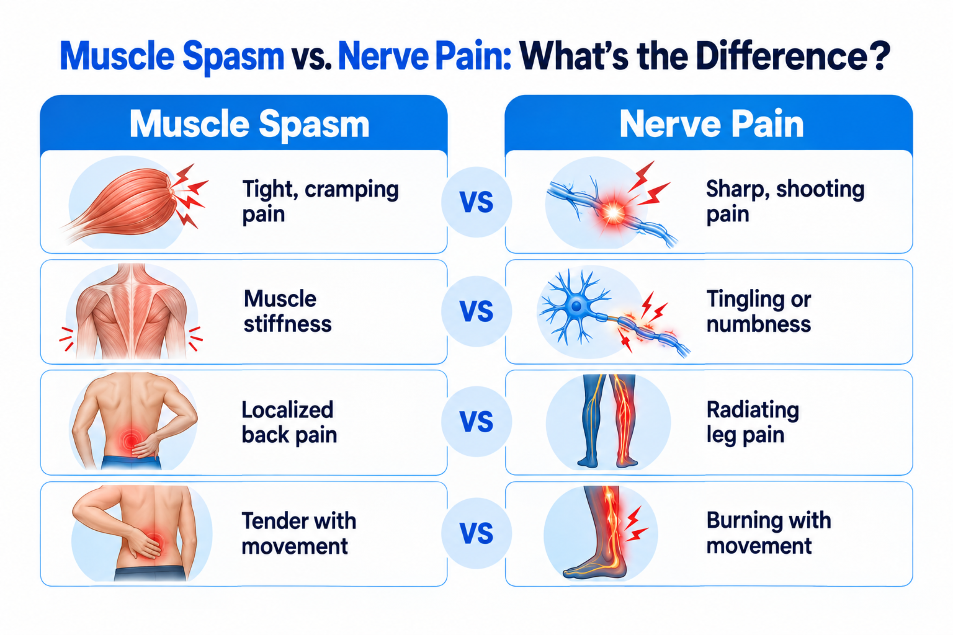 Infographic comparing back pain from muscle spasms and nerve pain, including stiffness, tingling, and numbness.