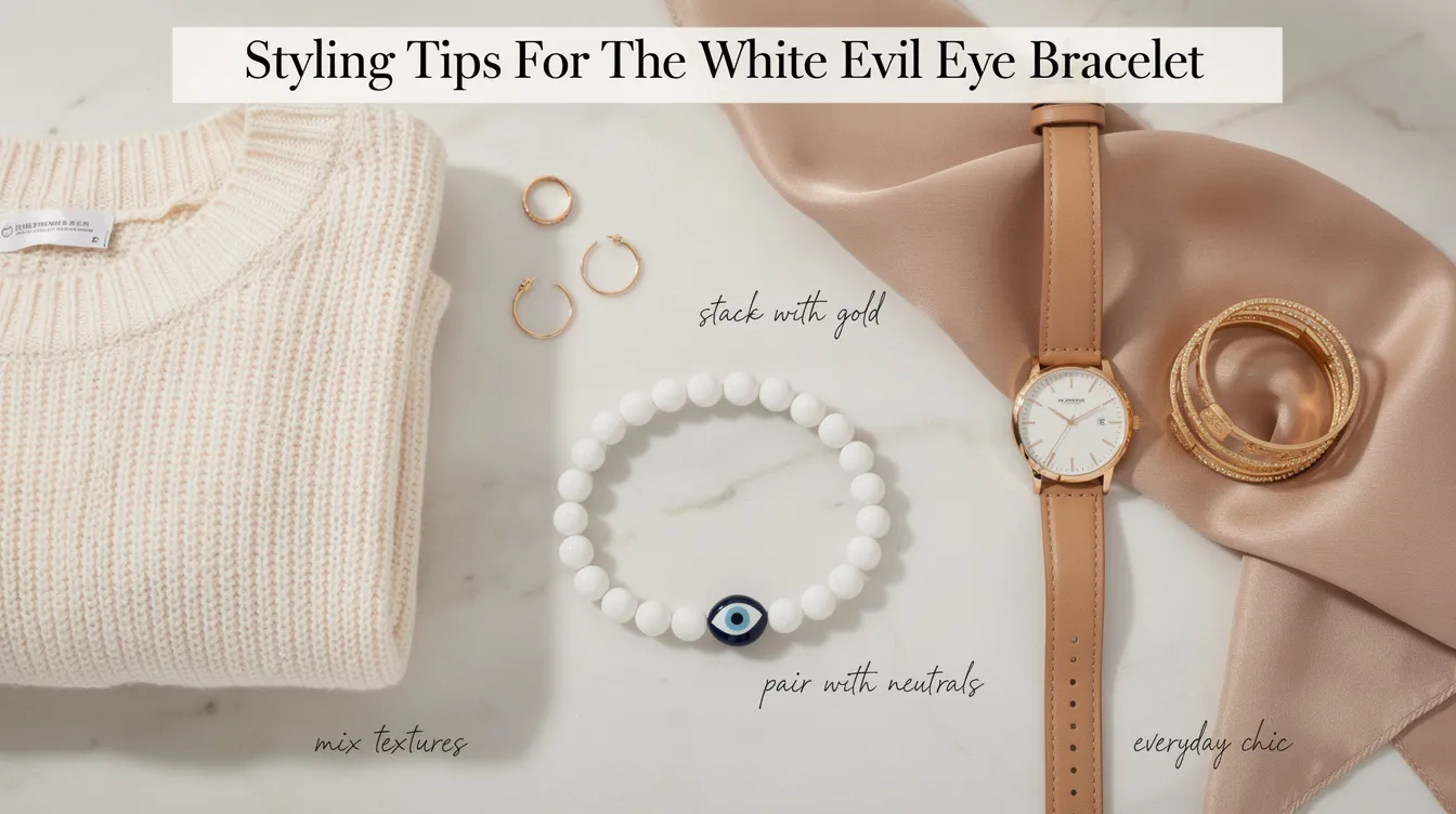 The image features a stylish white evil eye bracelet, showcasing its intricate design and vibrant colors. This piece of jewellery is not only a fashionable accessory but also serves as a protective charm for the wearer, making it a perfect gift for loved ones.