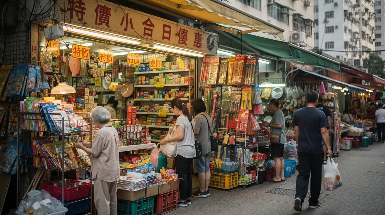 The image depicts a bustling small retail shop in a Hong Kong street market, filled with various goods on display and customers actively browsing. This vibrant scene reflects the essence of 中小企業, showcasing the support of 政府資助計劃 for local businesses.