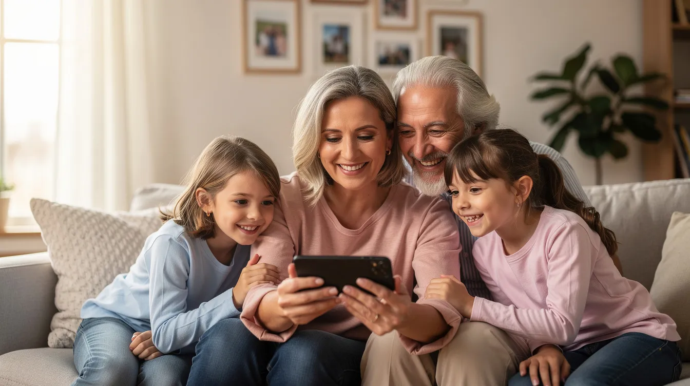 A joyful family is gathered in their living room, smiling as they look at a mobile phone screen together, likely discussing how to send money to Pakistan through their bank account. The scene captures the warmth of family connection and the convenience of modern money transfer options.