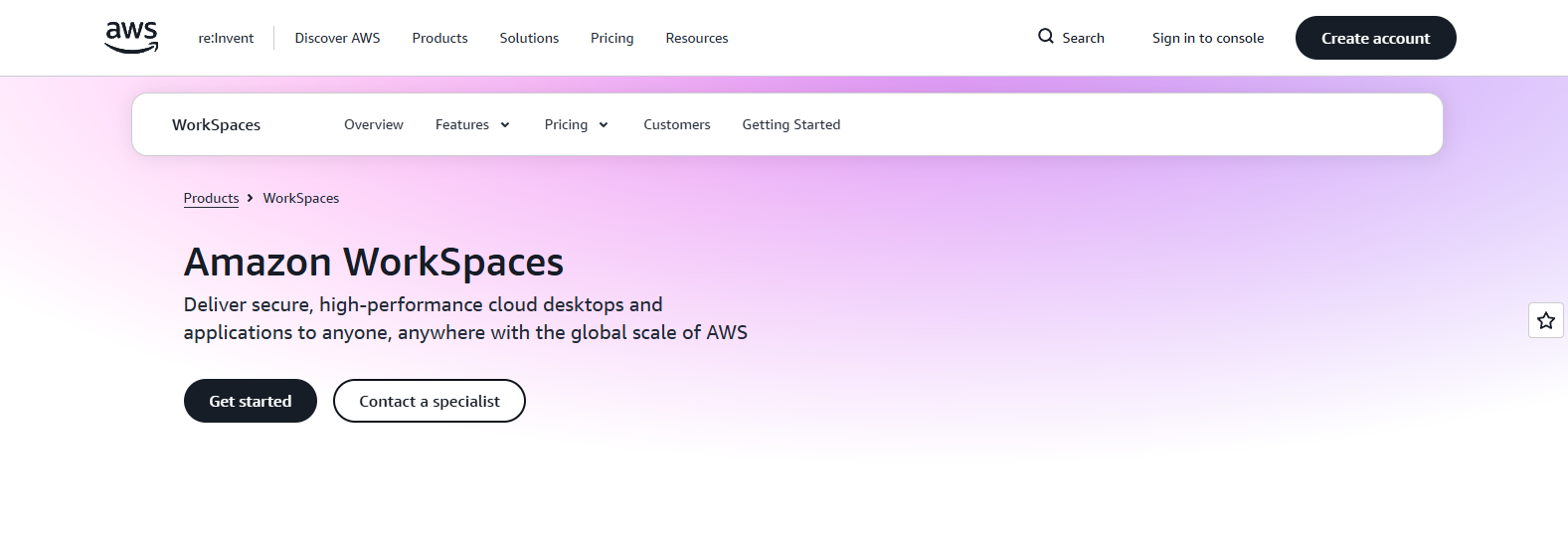 Amazon WorkSpaces cloud-based virtual desktop solution for secure remote access and scalable workforce productivity.