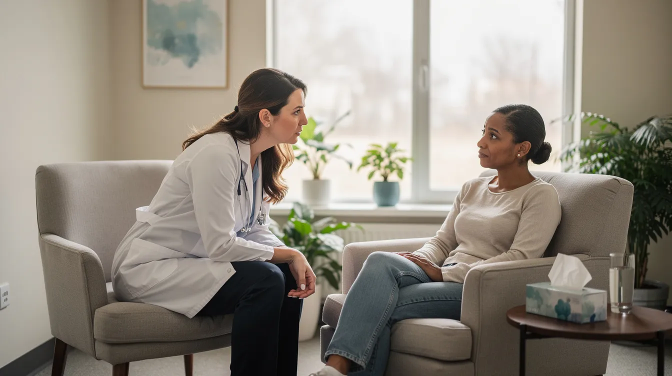 A compassionate clinician is engaged in a supportive conversation with a patient in a serene treatment center, focusing on addiction recovery and mental health. The setting emphasizes the importance of proper treatment options for managing withdrawal symptoms and overcoming addiction.