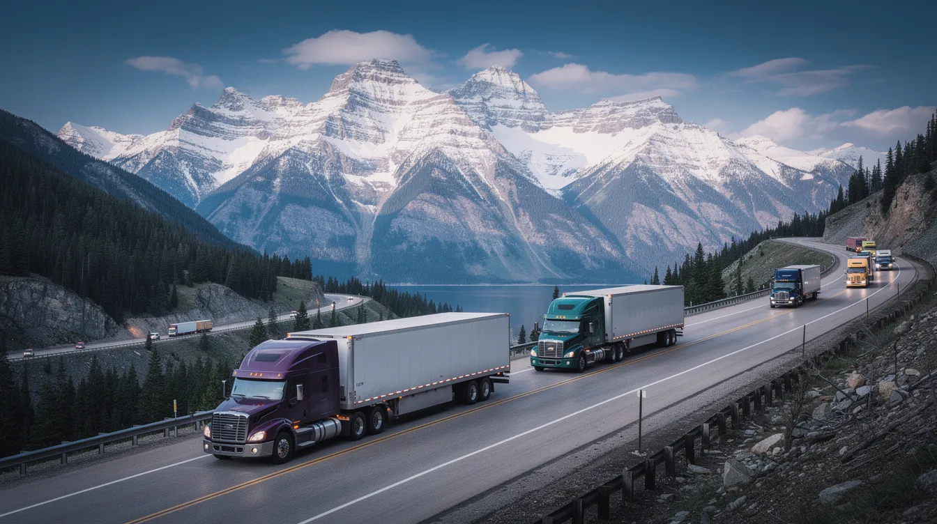 The image depicts semi trucks navigating a mountain highway in Colorado, with majestic snow-capped peaks rising in the background. This scenic route, often busy with commercial trucks, highlights the importance of safety and the potential for truck accidents in such challenging terrains, emphasizing the need for experienced truck accident lawyers in Colorado Springs.