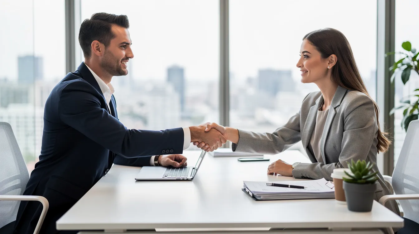 The image depicts two individuals shaking hands across a sleek desk in a modern office environment, symbolizing collaboration and professionalism, possibly related to a 公務員 職位 in the 香港 特別 行政區 政府. The setting conveys a sense of formality and success in a business context.