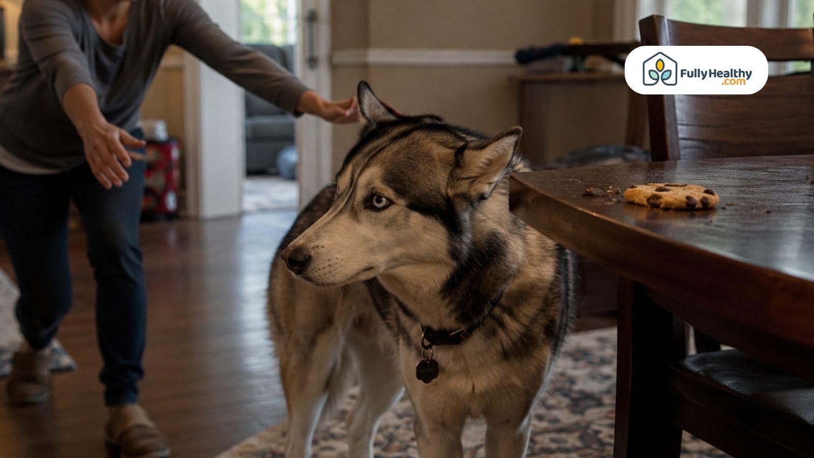 Siberian husky standing near a raisin cookie on a dining table as the owner rushes over concerned.