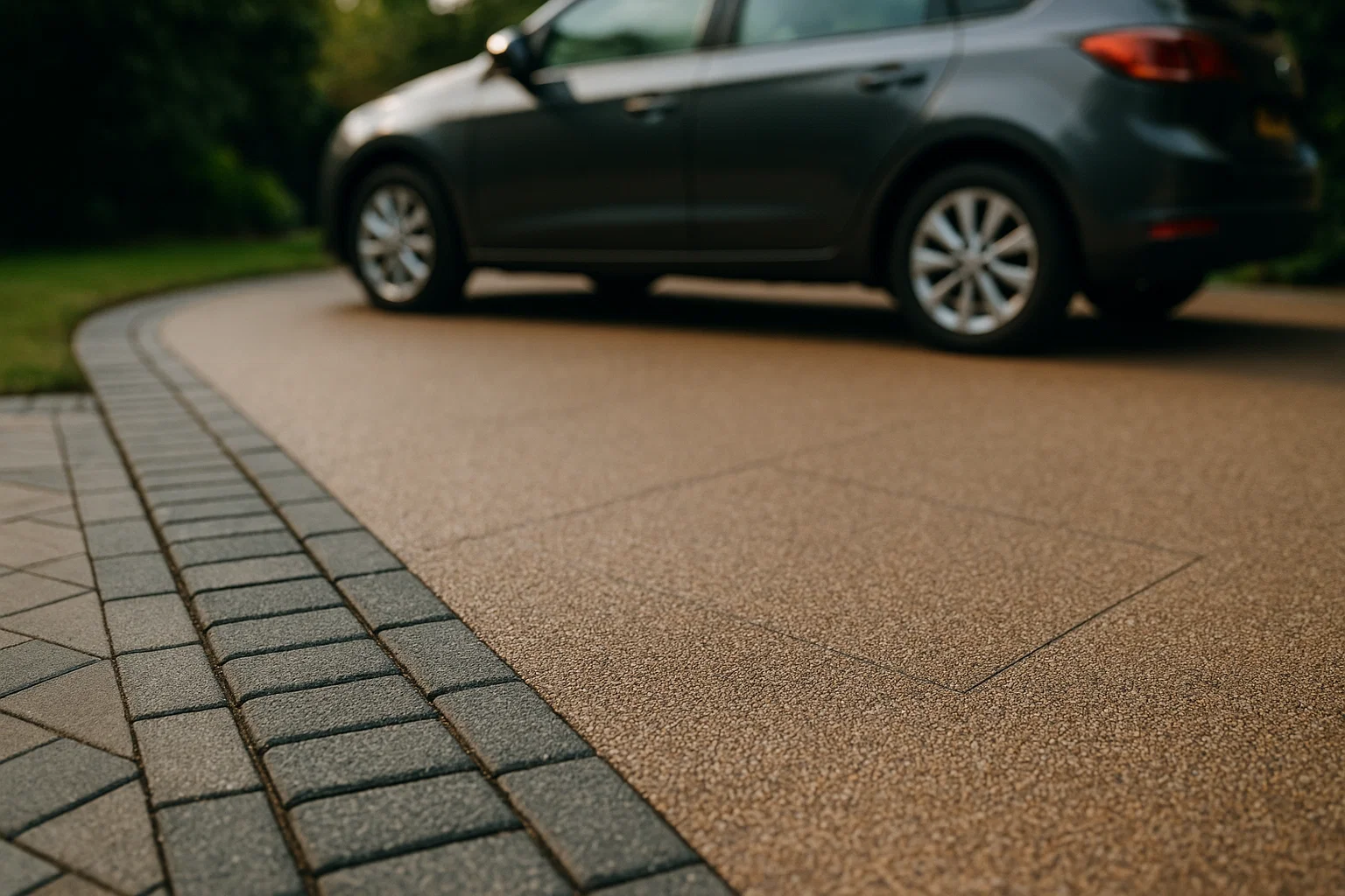 Modern resin driveway with decorative edging and smooth finish in a residential UK setting.