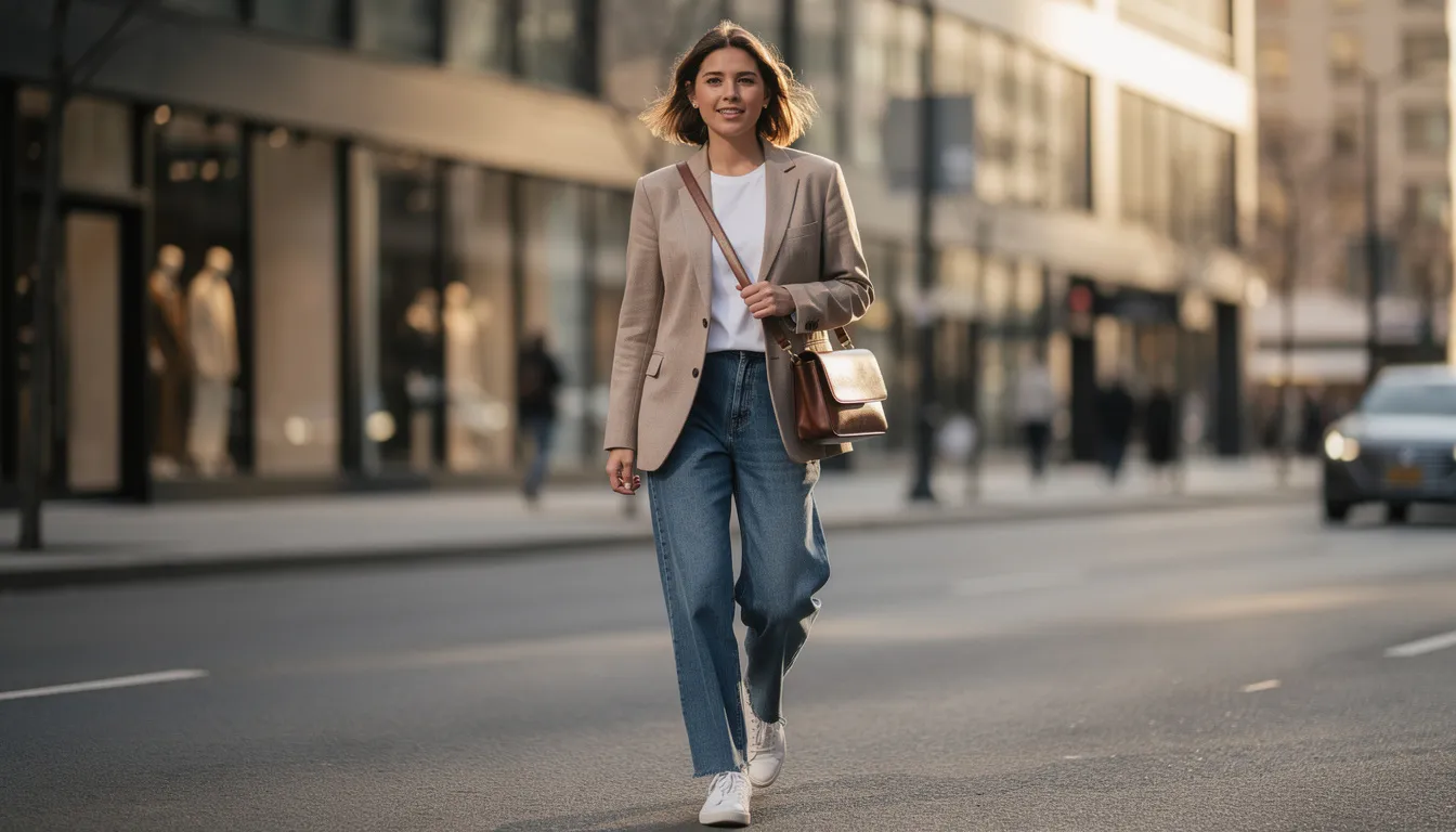 A person is walking down a city street wearing a tailored neutral blazer over casual clothing, such as a white t-shirt and slim fit jeans, embodying a smart casual look perfect for informal occasions. The outfit features stylish accessories and polished shoes, showcasing a laid-back vibe while demonstrating effective blazer styling.