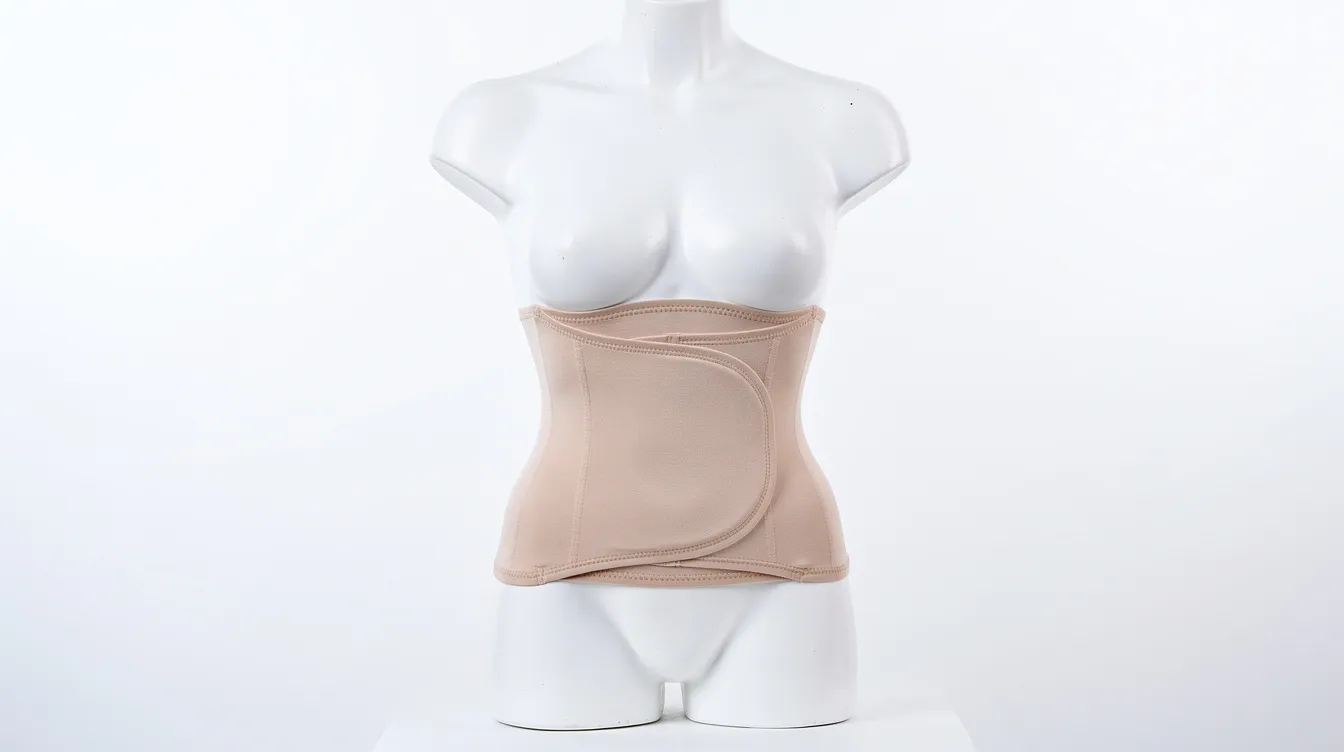 Prenda de compresión abdominal de color neutro colocada sobre un maniquí de torso, diseñada para ayudar en la recuperación de la abdominoplastia y proporcionar soporte postoperatorio. Este dispositivo es esencial para el cuidado del abdomen después de la cirugía, favoreciendo la cicatrización y la movilidad de los pacientes.